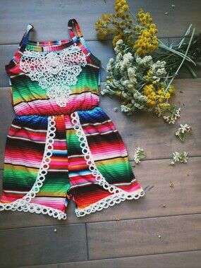 Girls Serape Stripe Crochet Lace Romper | Boho Summer Outfit Sizes, M, L, XL